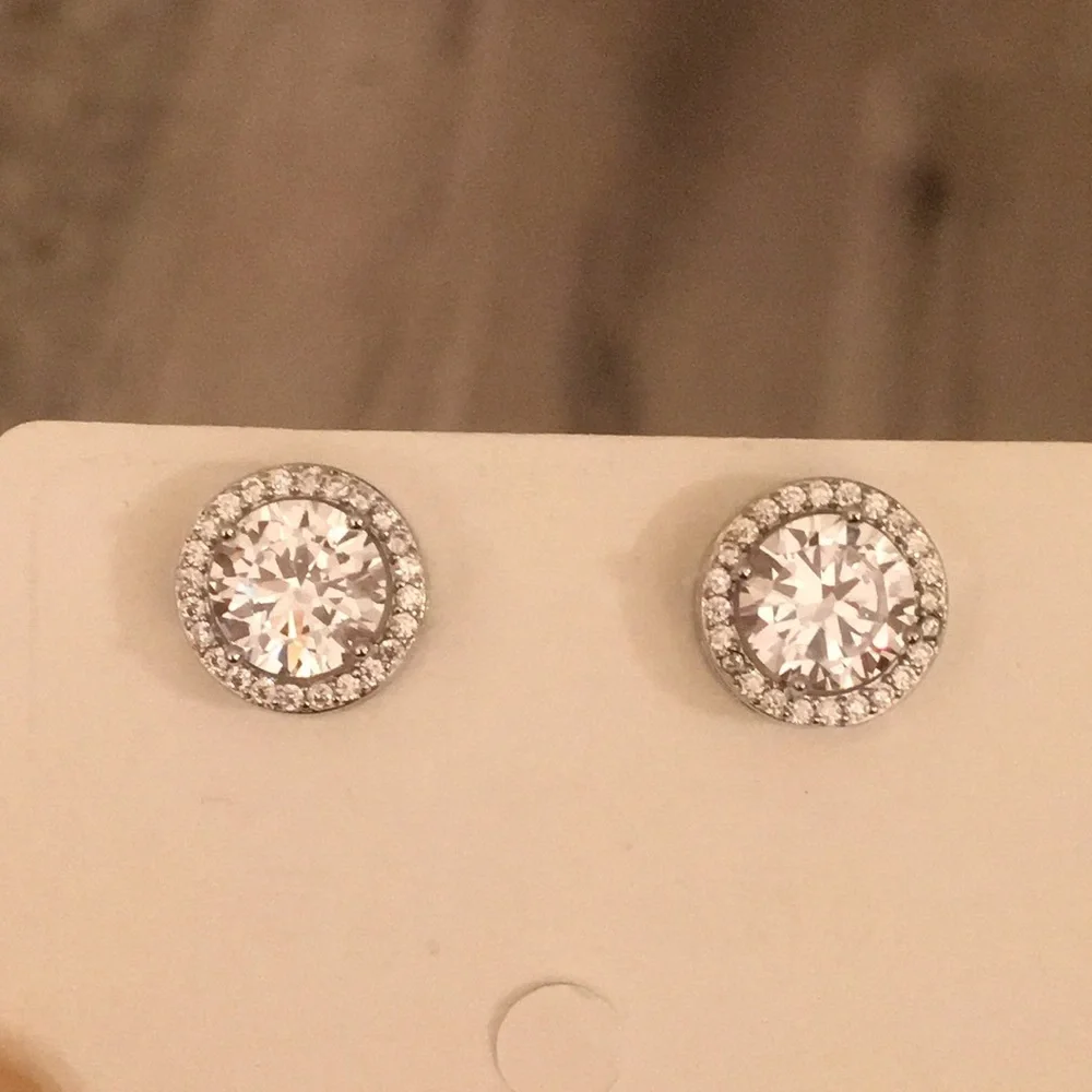 Cubic Zirconia Crystal Halo Silver Stud Earrings
